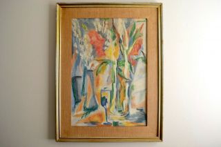 Vintage Mid - Century Abstract Floral Still Life Painting Large Framed Unsigned