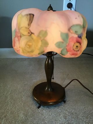 Antique Pairpoint Butterflies Floral Reverse Painted Puffy Table Boudoir Lamp