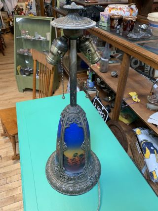 Antique 2 Socket Reverse Painted Lamp Base.  Includes Parts For The Shade.