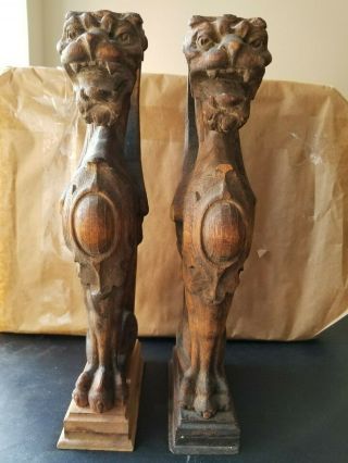 Rare Antique Hand Carved Wooden Griffin,  As Pair.