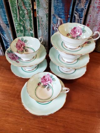 Vintage Paragon Cabbage Rose Green Tea Cup And Saucer - Set Of 6