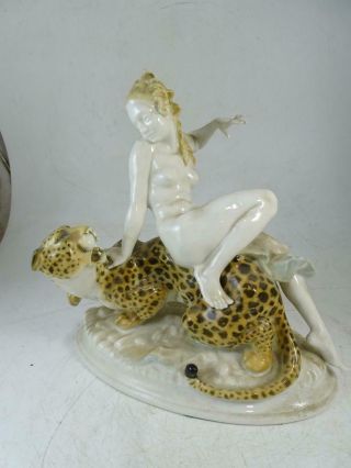 Antique Art Deco Karl Tutter Hutschenreuther Nude Leopard Statue Figurine Vtg