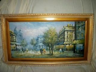 Impressionist Paris Street Scene Oil Painting Gilt Frame Vintage Mid Century