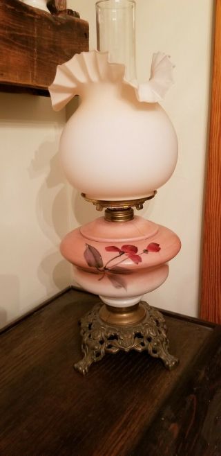 Antique Hand Painted Red Flowers Gone With The Wind Pink Oil Lamp Metal Base