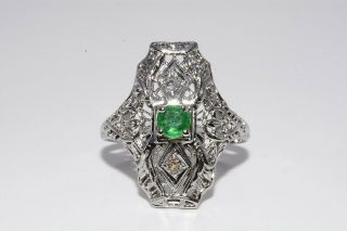 $1,  500.  28ct Antique Art Deco Natural Emerald & Diamond Cocktail Ring 14k Gold