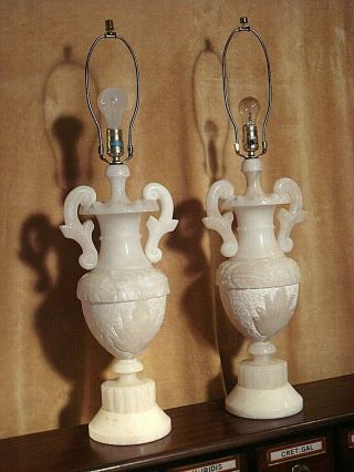 Large Vintage Italian Carved Alabaster Marble Urn Lamps