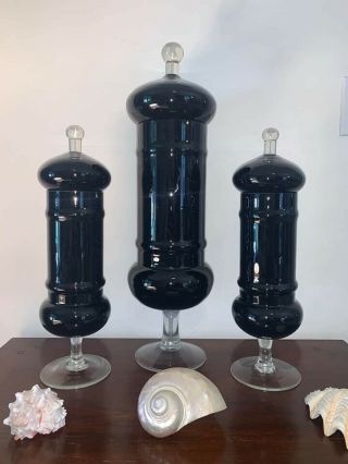 Vintage Set 3 Glass Apothecary Jar Mid Century Modern Black Amethyst Purple Mcm