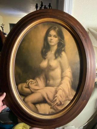 Larry Vincent Garrison " Pink Peignoir " Nude Girl Vintage Print Wood Oval Frame