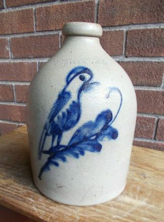 C.  1870 S.  L.  Pewtress Fair Haven Ct Stoneware Jug Blue Parrot Decoration