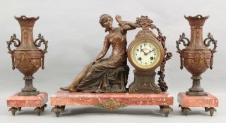 19thc Antique Victorian Marble & Bronzed Spelter Lady Mantle Clock & Vases,  Nr