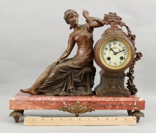 19thC Antique Victorian Marble & Bronzed Spelter Lady Mantle Clock & Vases,  NR 2
