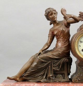 19thC Antique Victorian Marble & Bronzed Spelter Lady Mantle Clock & Vases,  NR 3