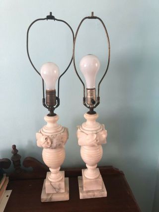 Vintage Marble Alabaster Carved Matching Pair Table Lamps Floral Flowers