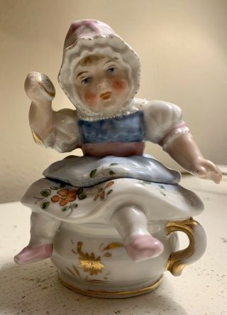 Rare Girl On Potty Conta Boehme 19th C.  Victorian Porcelain Fairing Box 4 1/4”