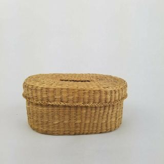 Vintage Sweet Grass Basket Natural Woven Oval With Lid 5.  5 " X 3.  5 " Trinket Box