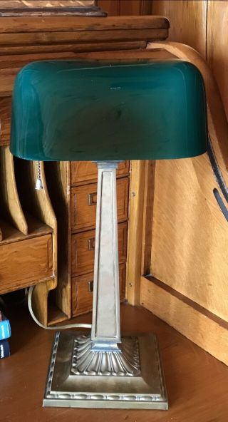 Antique Bankers Lamp With Emeralite Green Shade And Heavy Brass Base.