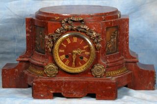Massive Antique French Rouge Solid Marble And Bronze Clock 19th Century