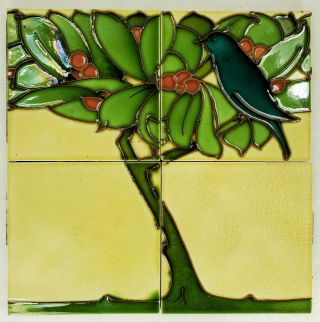 Set Of 4 Antique English Art Deco Tiles Stoke On Kent Pottery Bird Tree Picture