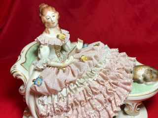 Antique German Porcelain Lace Figurine Woman Ackermann Fritze Volkstedt 8 " L 1