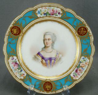 Sevres Style Hand Painted Madame Du Barry Raised Gold & Blue Portrait Plate