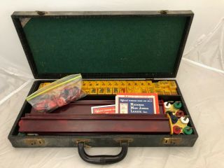 Vintage Mahjong Mah - Jongg Bakelite Tiles Set With Racks And Alligator Case