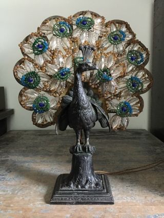 Rare Antique Art Deco Czech Peacock Table Lamp Ornate Fancy Vintage Bodouir Old