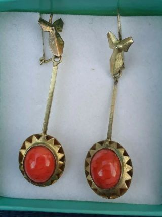 Vintage Red Coral 9kt Yellow Gold Dangle Drop Earrings