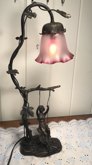 Vintage Bronze M.  Moreau Girl On A Swing Electric Tabletop Lamp