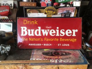 Vintage Drink Budweiser Beer Bar Store Porcelain Advertising Sign 24x 12 In.