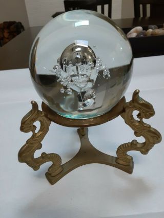 Glass Crystal Ball With Brass Dragon Stand - 3.  5 " Diameter - Flat Base