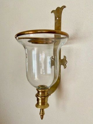 Large Vintage 1972 Brass Glass Chapman Hurricane Candle Sconce Light Pair Set 2