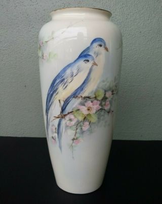 American Belleek Lenox Antique Hand Painted Vase W/ Blue Birds - 10 "