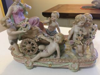Antique / Vintage Porcelain Figural Group Of Putti Cherubs Pulling Carriage