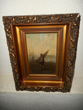 Very Old Oil Painting,  Coast Landscape With Sailboats And Fishermen,  Is Antique