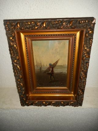 Very old oil painting,  Coast landscape with sailboats and fishermen,  is antique 2