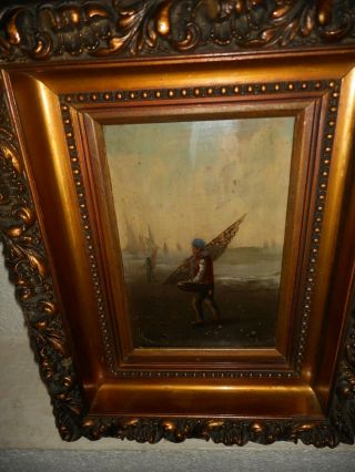 Very old oil painting,  Coast landscape with sailboats and fishermen,  is antique 3