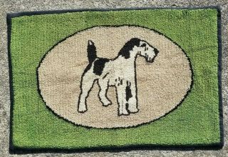 Terrier Dog Vintage Antique Folk Art Hooked Wool Rug