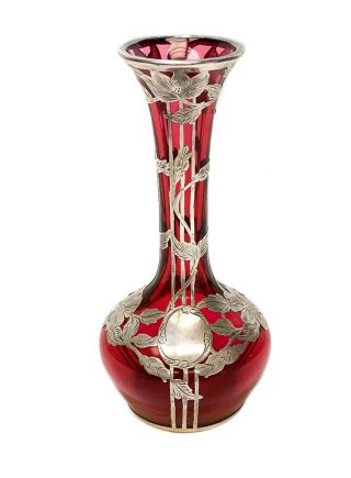 Alvin 999 Silver Overlay & Red Glass Vase R3434 - 1.  Hand Chased Flowers