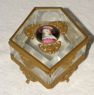 Antique Glass Trinket Jewelry Box With Dore Bronze Trim & Painted Portrait