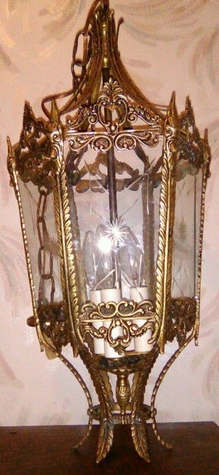 Antique French Cast & Bronze Gilt 3 Light Etched Glass Hanging Lantern.