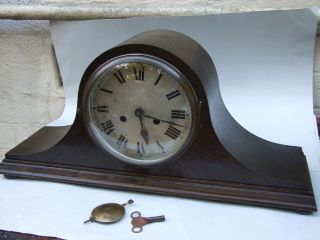 Antique Oak Napoleon Hat German Mantel Clock Wind Up With Chime Vgc
