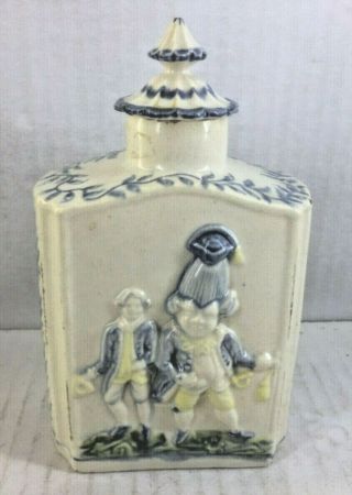 Antique 18th Century Pearlware Prattware Tea Caddy - Macaroni Figures