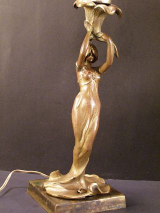 Antique Nouveau Lady Bronze Woman Statue Figure Sculpture Newel Post Lamp Light
