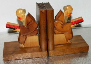 Vintage Monk Figurine Solid Wood Hand Carved Book Ends 6 " X 5.  25 " X 3.  25