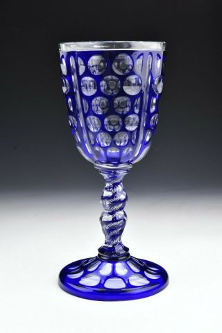 Large Bohemian Cobalt Blue Glass Chalice With Blue And White Cotton Twist Stem 2