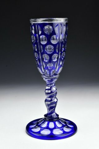 Large Bohemian Cobalt Blue Glass Chalice With Blue And White Cotton Twist Stem 3