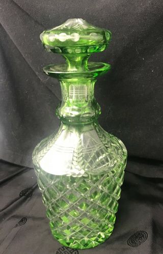 Vintage Cut To Clear Emerald Green Crystal Decanter With Stopper