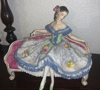 Antique Volkstedt Dresden Porcelain Lace Ballerina Figurine Seated On Sofa