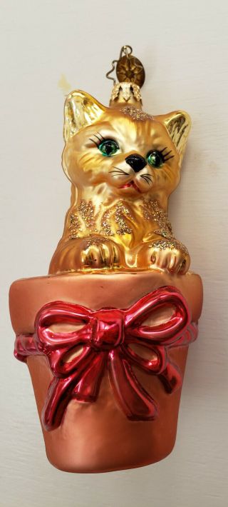 Christopher Radko Flowerpot Kitty Cat Golden Pink Bow Christmas Ornament