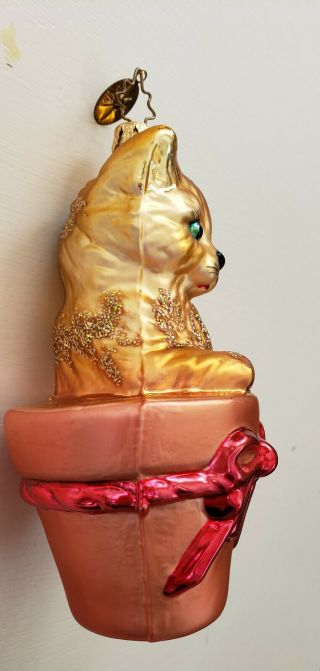 Christopher Radko Flowerpot Kitty Cat Golden Pink Bow Christmas Ornament 2